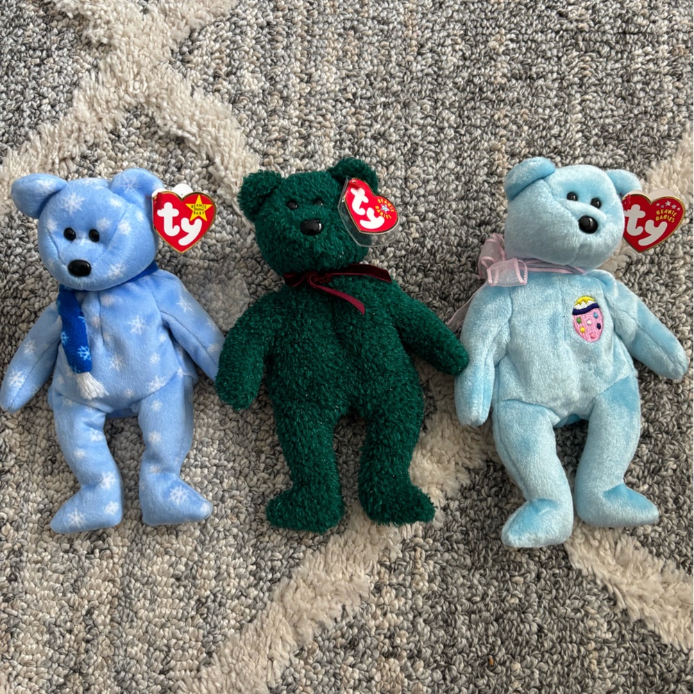 Ty Stuffed Bears Trio - Light Blue, Dark Green, Sky Blue